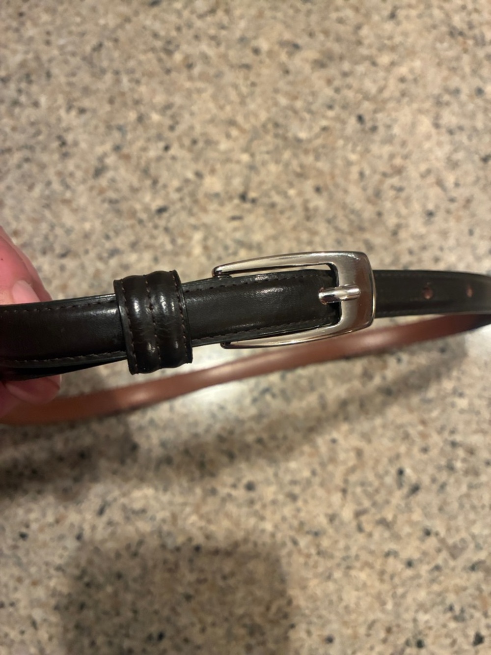 Size XS Brooks Brothers Women's Dark Brown Leather Belt with Silver Buckle.